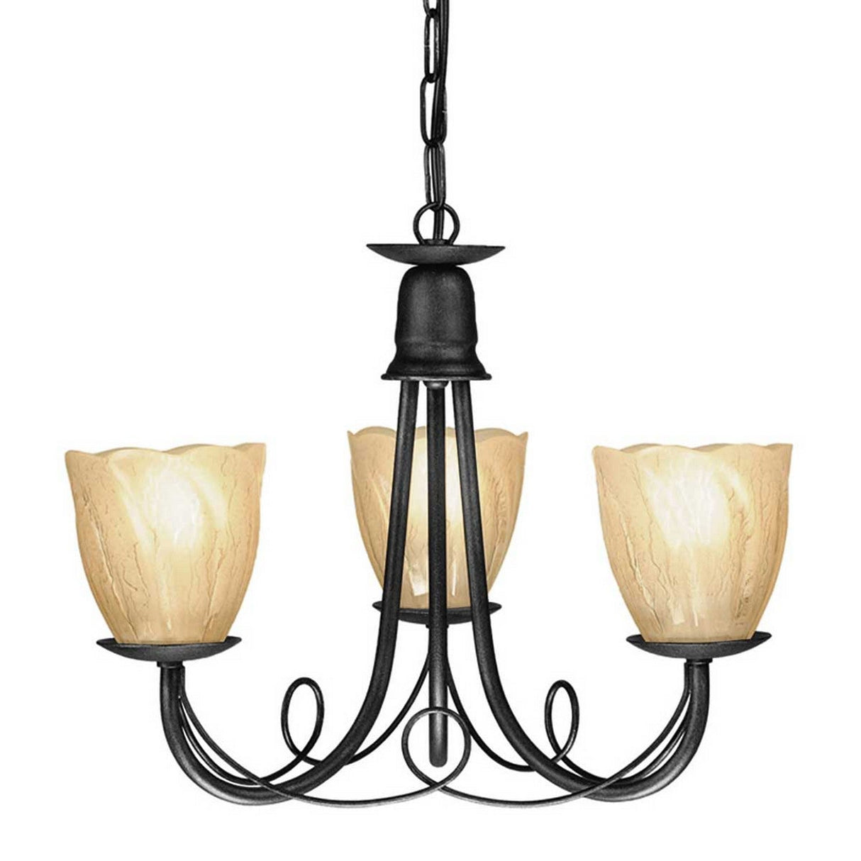 The Minster 3 Light Chandelier in black features a semi-flush fitting design with gracefully curved arms, elegantly suspended by a linked chain. It showcases three upward-facing, flower-shaped lampshades, each housing a warm white bulb.