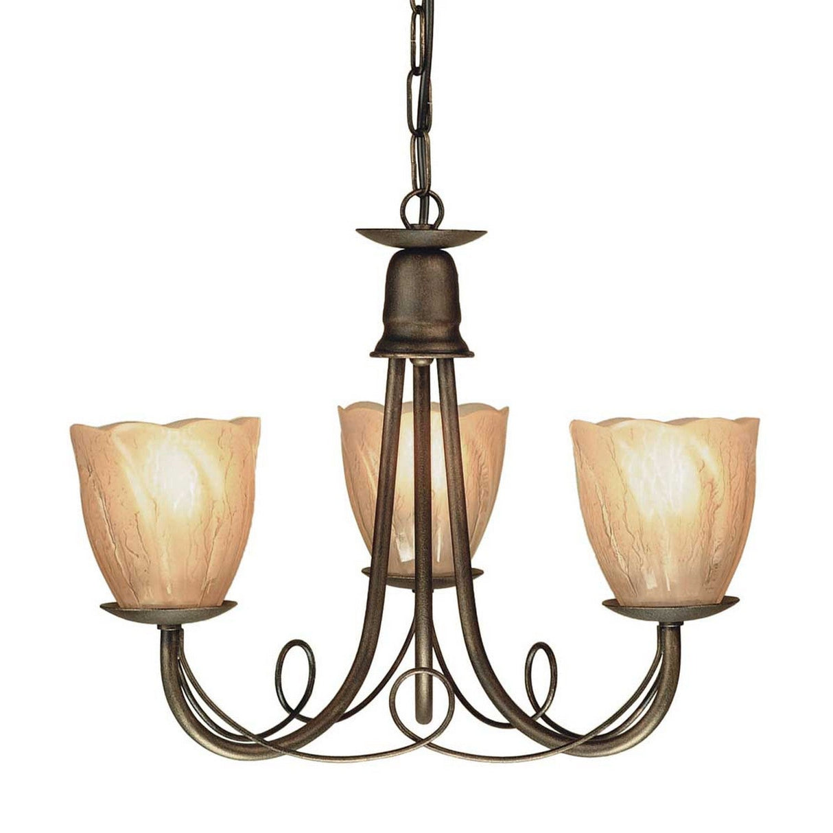 The Minster 3 Light Chandelier in Black with Gold Patina is a sophisticated piece featuring three arms and frosted glass shades. Its elegant design includes gracefully curved metalwork and a hanging chain for easy ceiling installation. The soft glow emitted by the lampshades adds warmth and creates an inviting ambiance, perfectly balancing sophistication with classic charm.