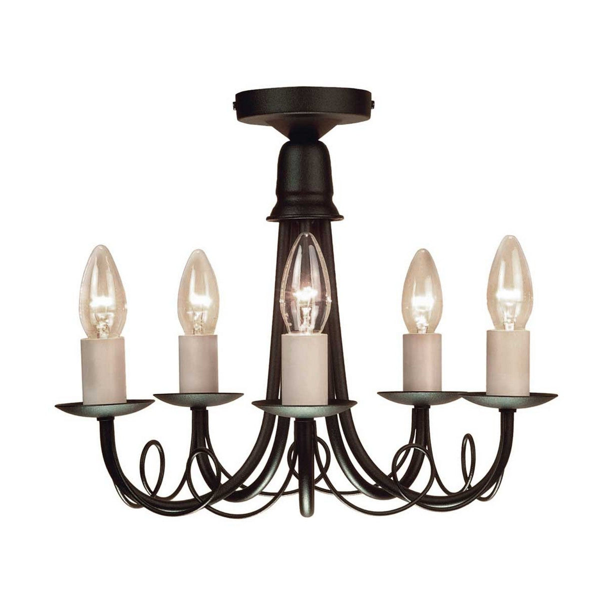 Introducing the Minster 5 Light Chandelier - Black: This chandelier features a sleek black finish with five candle-shaped light bulbs and a semi-flush fitting. The design showcases elegant, curving arms in a classic and simple style. Each bulb is encased in a clear glass cover, offering a balanced and symmetrical look.