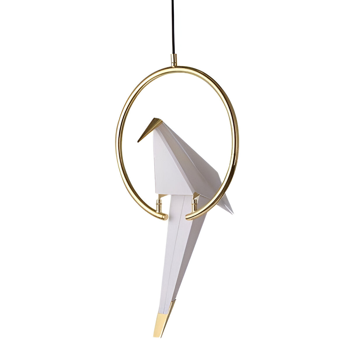 The Ex-Display Bird LED Pendant Light in White & Gold features a minimalist origami bird on a circular gold mount, blending modern lighting with elegant gold accents for an energy-efficient design.
