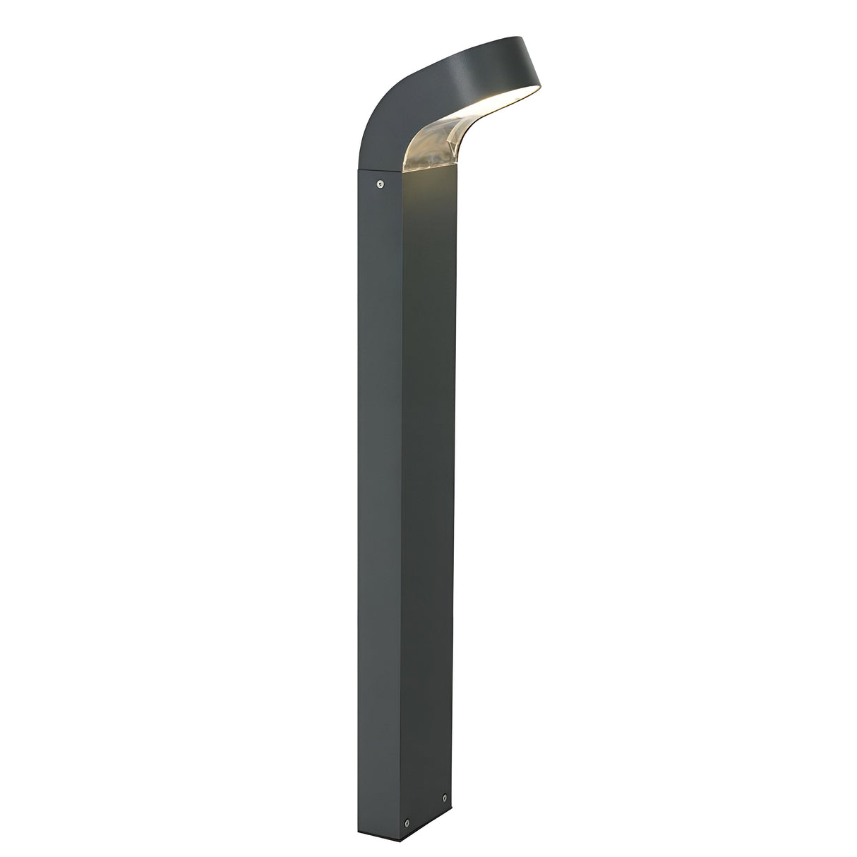 The Molde LED Bollard in graphite boasts a sleek, modern design with a rectangular base and a gracefully curved top made from die-cast aluminium. It casts a gentle downward glow, perfect for elegantly and efficiently illuminating outdoor pathways.