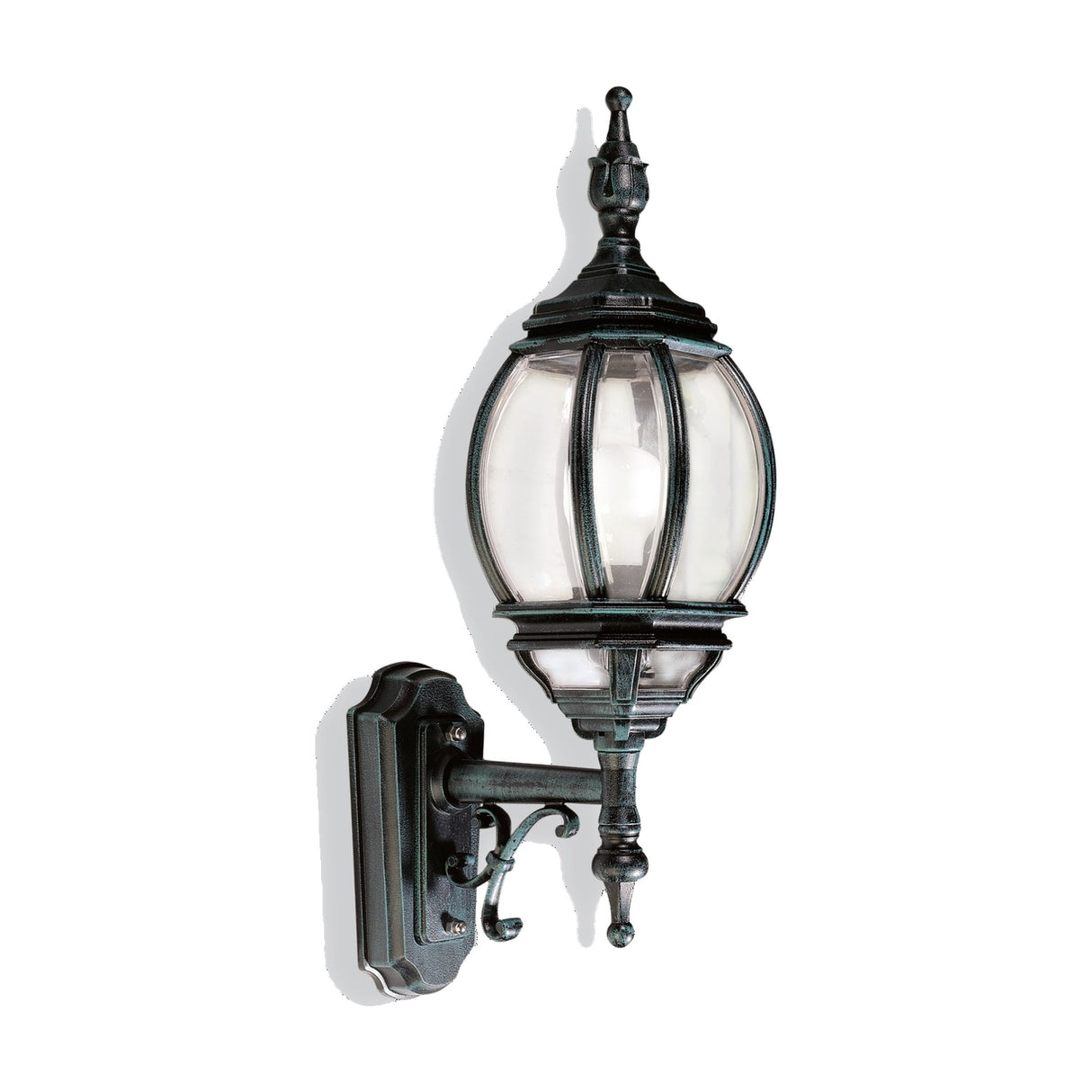 Mullion cast aluminium outdoor wall lantern with clear polycarbonate lens, black-green finish, mounted on a scrolled wall bracket against a plain white background.