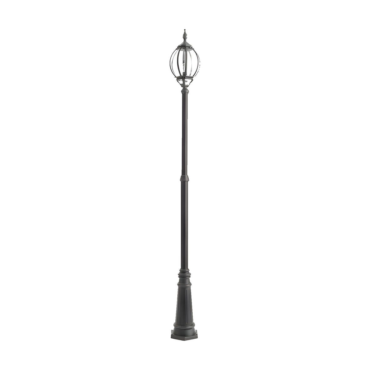 Mullion Large cast aluminium outdoor lamp post, 262cm black column with a single cage-style lantern head and clear lens, on a plain white background.