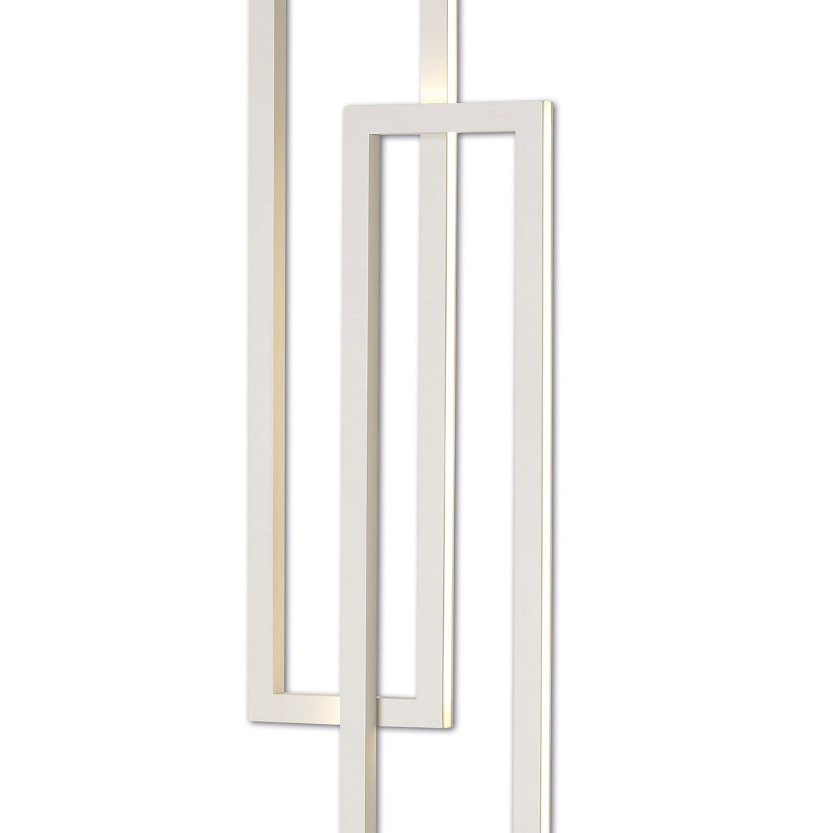 Minimalist white rectangular frames intersect over a plain background, evoking the modern geometric design of the Mural LED Floor Lamp 48W 3000K in matt white—a sleek lighting piece perfect for contemporary living rooms.