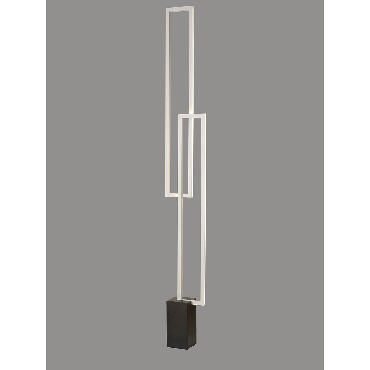 The Mural LED Floor Lamp 48W 3000K in Matt White features tall geometric frames and a solid base, creating an ideal modern living room lighting accent against a plain gray background.