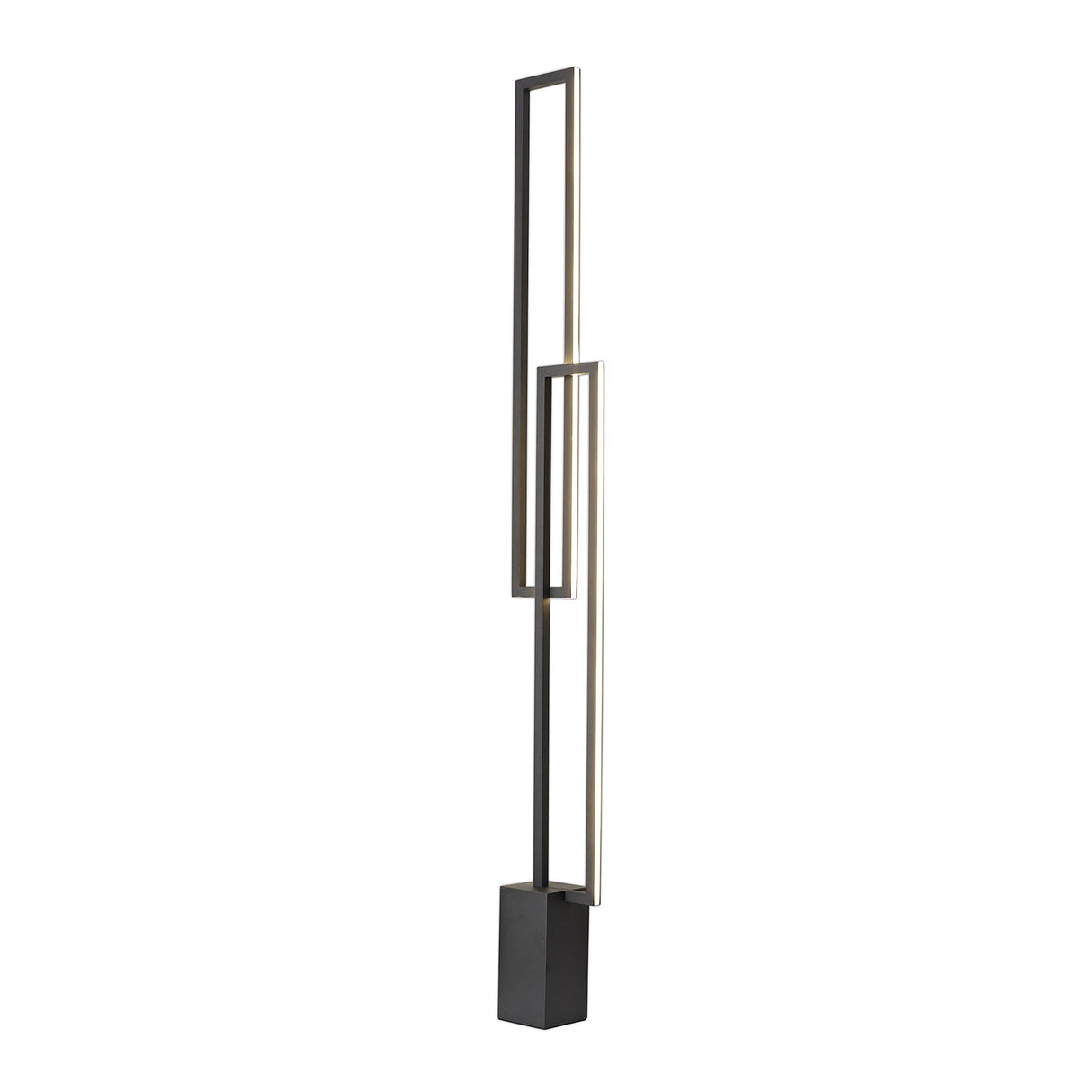The Mural LED Floor Lamp 48W 3000K in matt black features two intersecting rectangular metal frames on a square base and offers integrated dimmable ambient lighting along the inner edges for versatile illumination.