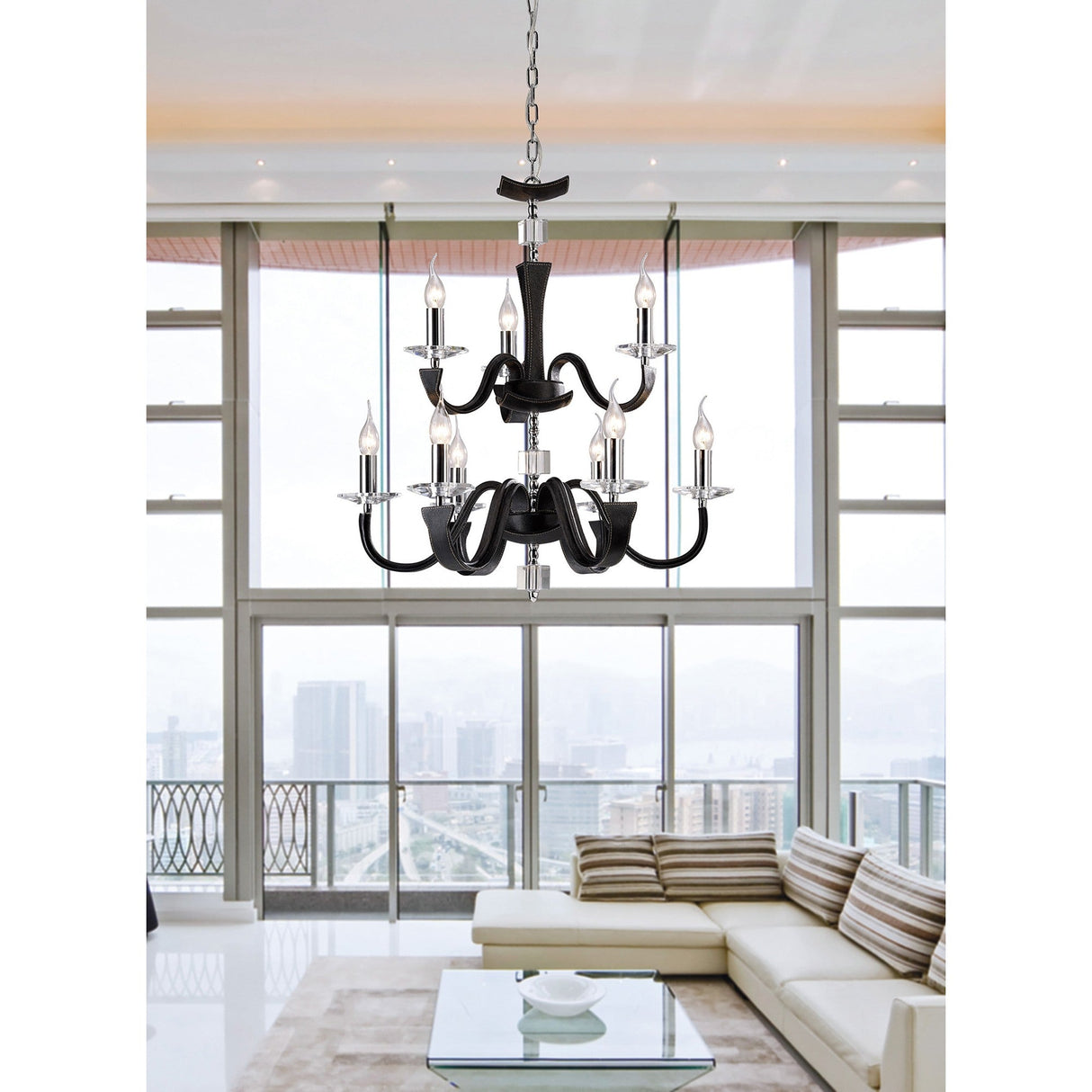 Nardini 2 Tier 9 Light Crystal Chandelier - Chrome & Black Faux Leather