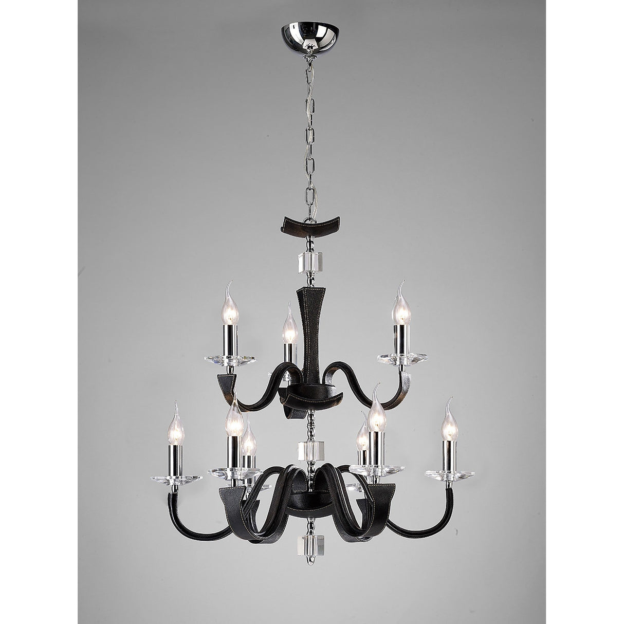 Nardini 2 Tier 9 Light Crystal Chandelier - Chrome & Black Faux Leather