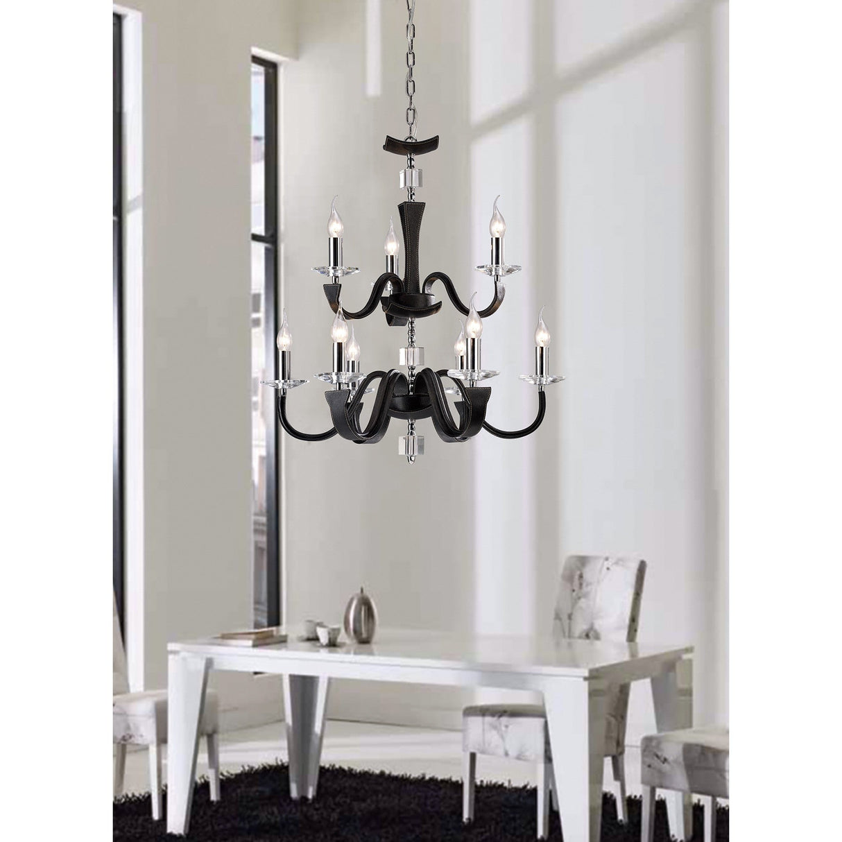 Nardini 2 Tier 9 Light Crystal Chandelier - Chrome & Black Faux Leather