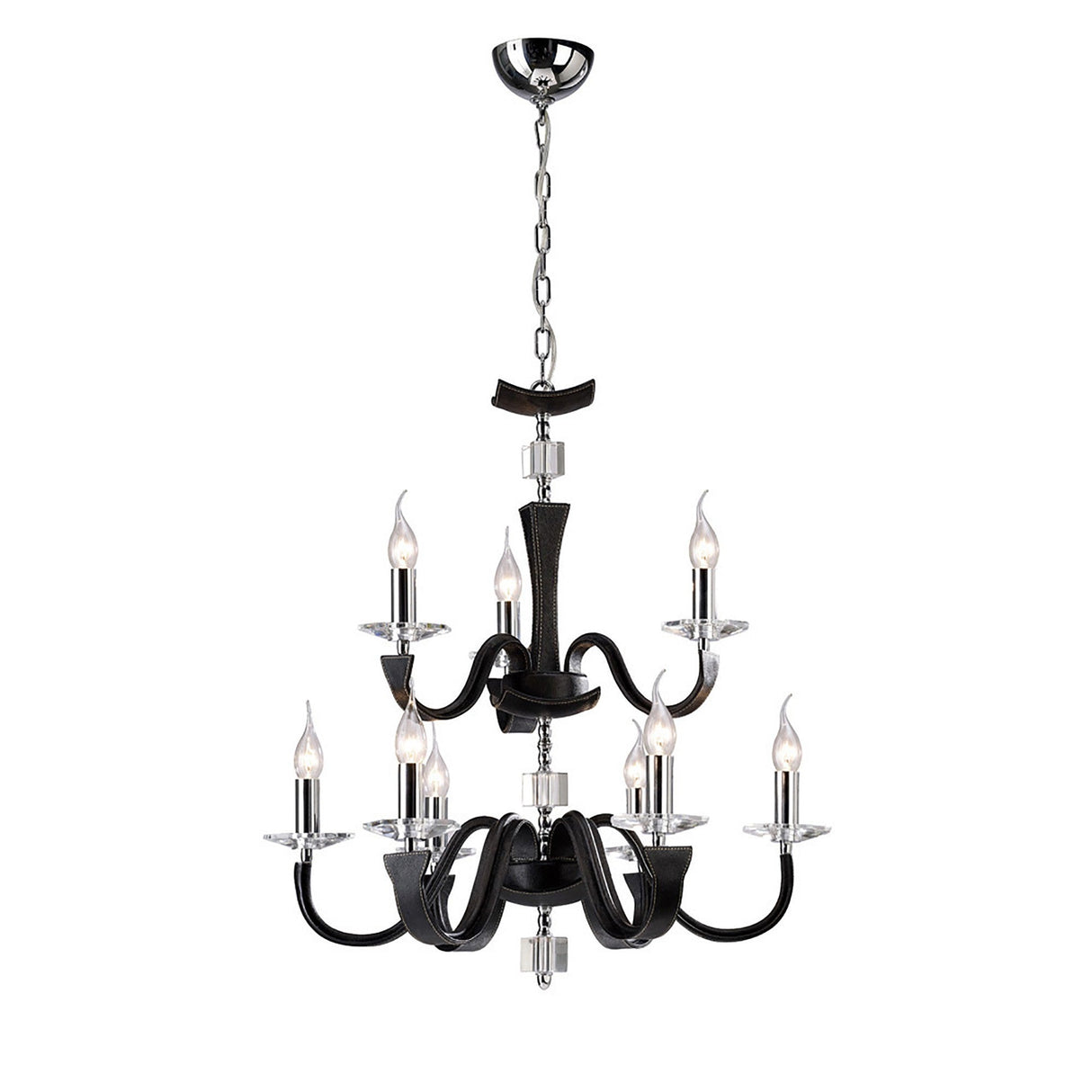 Nardini 2 Tier 9 Light Crystal Chandelier - Chrome & Black Faux Leather