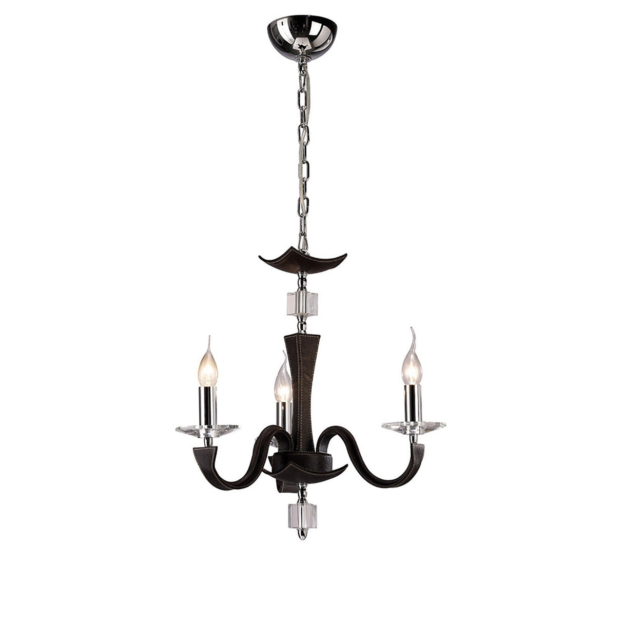 Nardini 50cm 3 Light Crystal Chandelier - Chrome & Brown Faux Leather