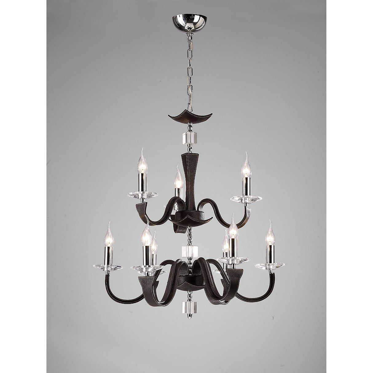 Nardini 2 Tier 9 Light Crystal Chandelier - Chrome & Brown Faux Leather