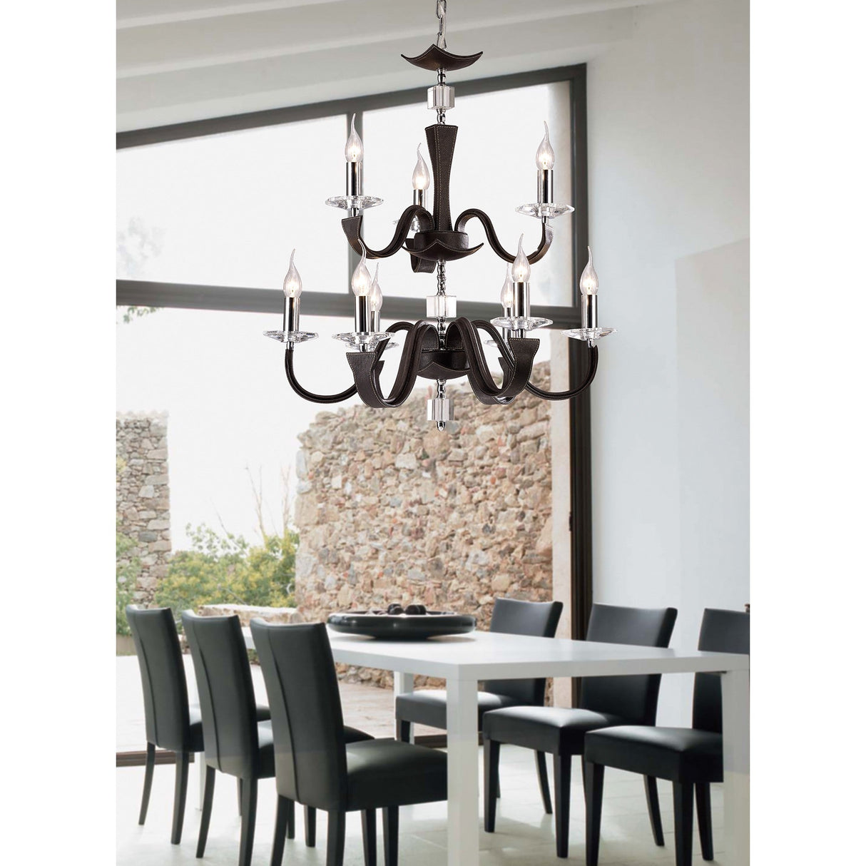 Nardini 2 Tier 9 Light Crystal Chandelier - Chrome & Brown Faux Leather