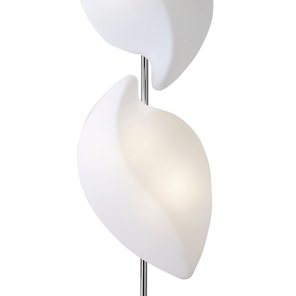 The Natura Floor Lamp 4 Light in polished chrome with opal white leaf-shaped shades offers a modern, minimalist look and is LED compatible for energy-efficient lighting.
