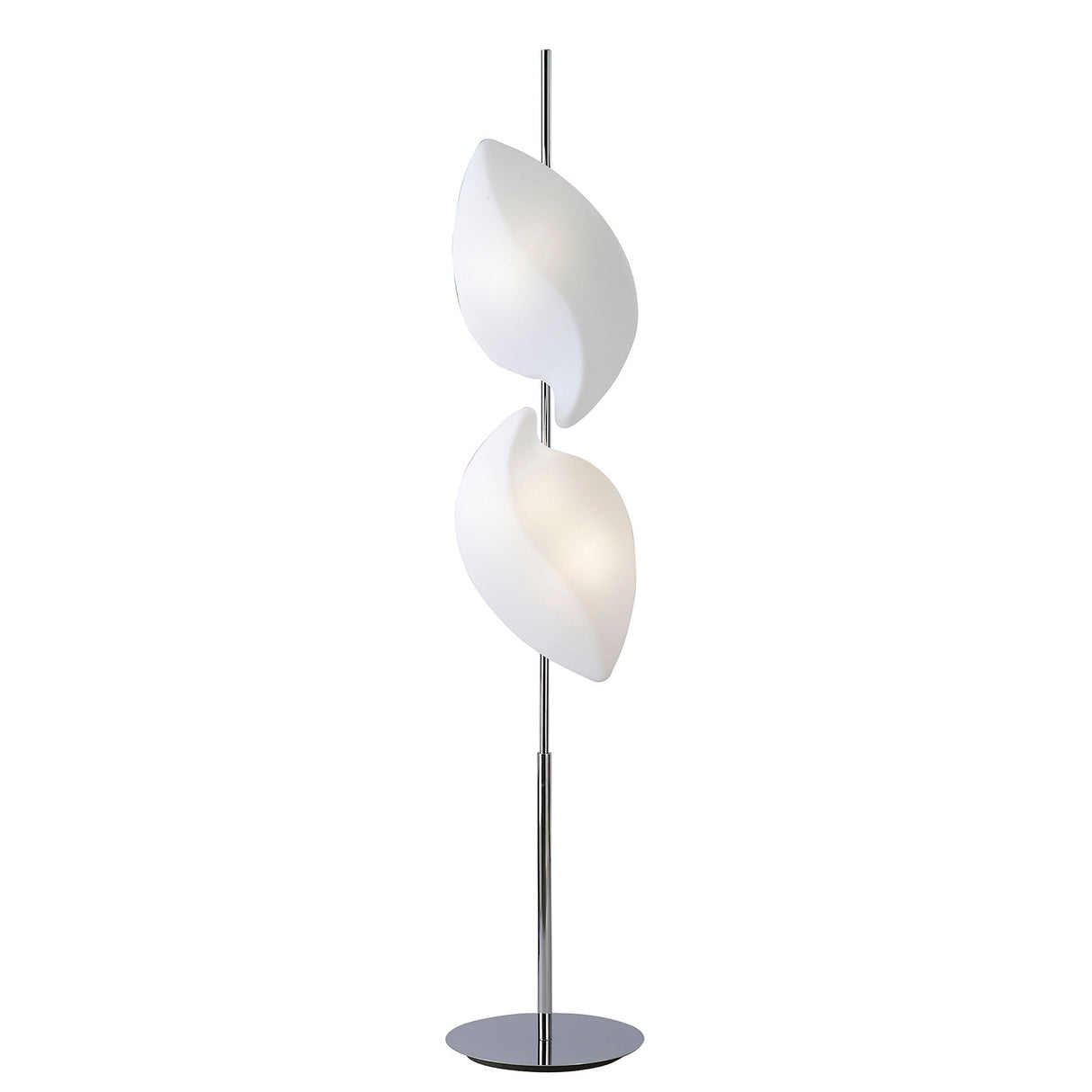 The Natura Floor Lamp 4 Light features a slim polished chrome stand with two vertically arranged opal white shades, offering an elegant and artistic lighting solution for both indoor and outdoor spaces.
