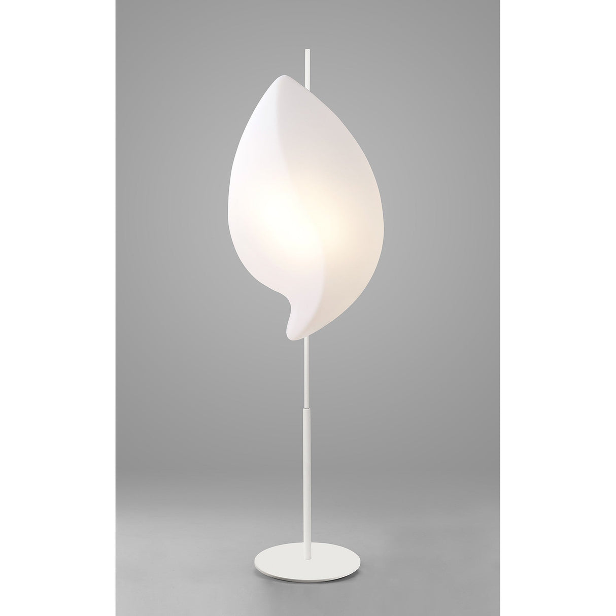 The Natura 2 Light Outdoor Floor Lamp features a matt white finish with an opal white, leaf-shaped shade on a slim pole and round base, providing ambient lighting against a plain gray background.