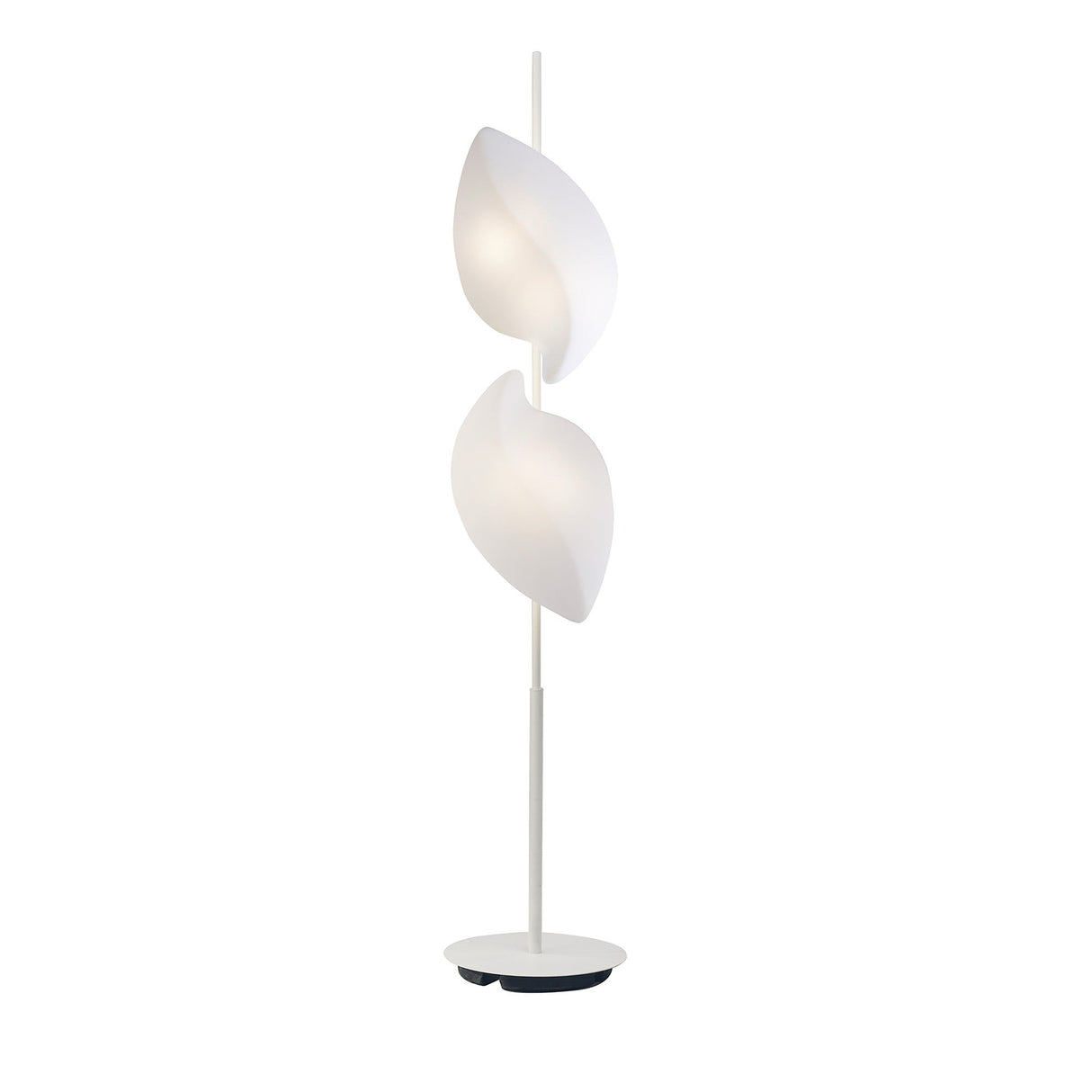 The Natura 4 Light Outdoor Floor Lamp in matt white/opal white features a modern, nature-inspired design with two vertically aligned, overlapping leaf-shaped lampshades on a sleek white base and pole.