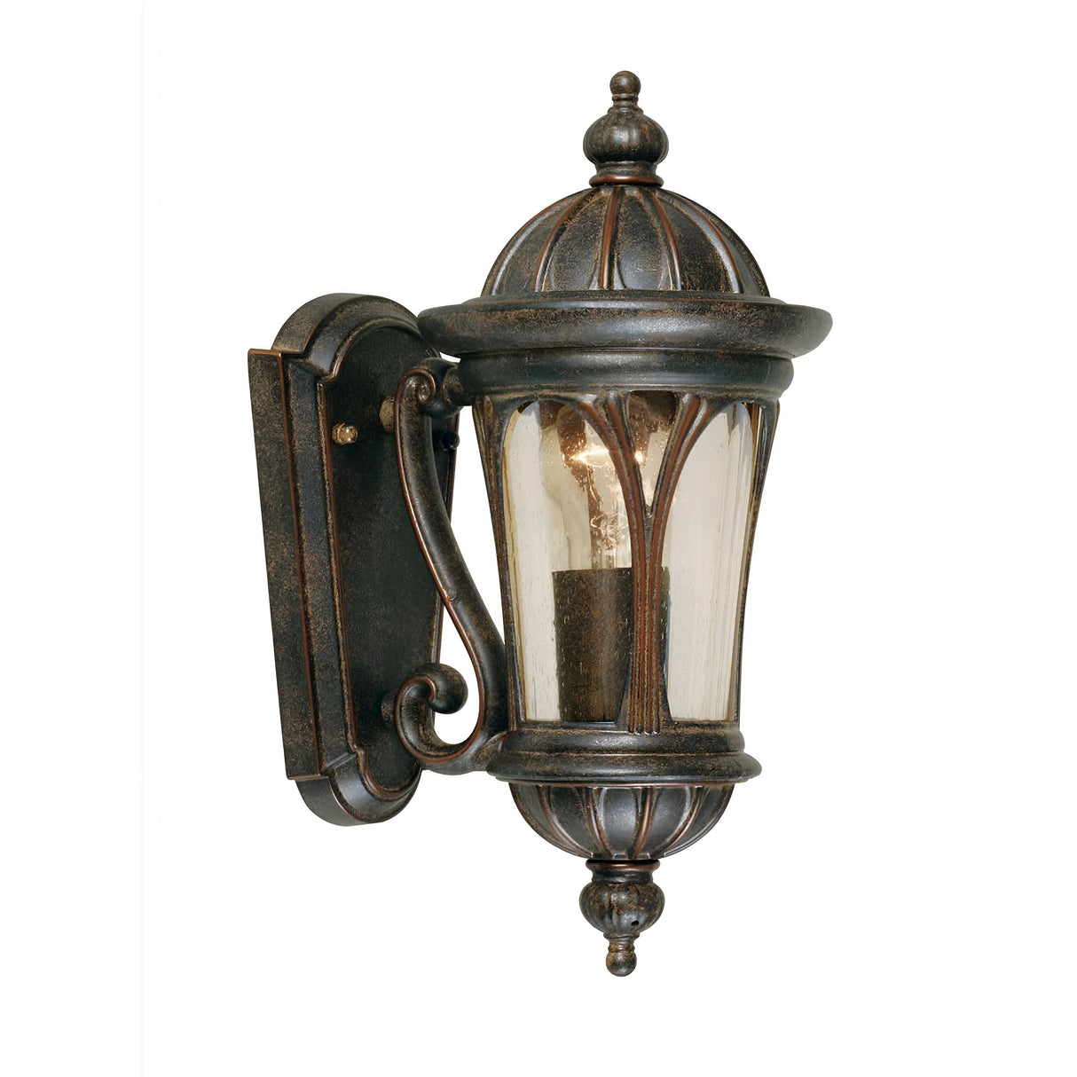 Presenting the New England 1 Light Outdoor Wall Light in a weathered bronze finish, this vintage-styled fixture features hand-blown glass panels and a graceful curved arm with intricate detailing. The lantern, mounted on a classic backplate, showcases a visible light bulb.