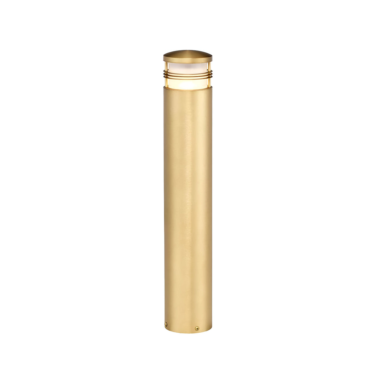 Introducing the Newbrighton 1 Light Bollard in Brushed Brass: a sleek, cylindrical light featuring a small domed top. The light source, positioned near the top, is partially visible through multiple horizontal gaps in the fixture. This elegant outdoor lighting piece enhances any garden or pathway with its sophisticated design.
