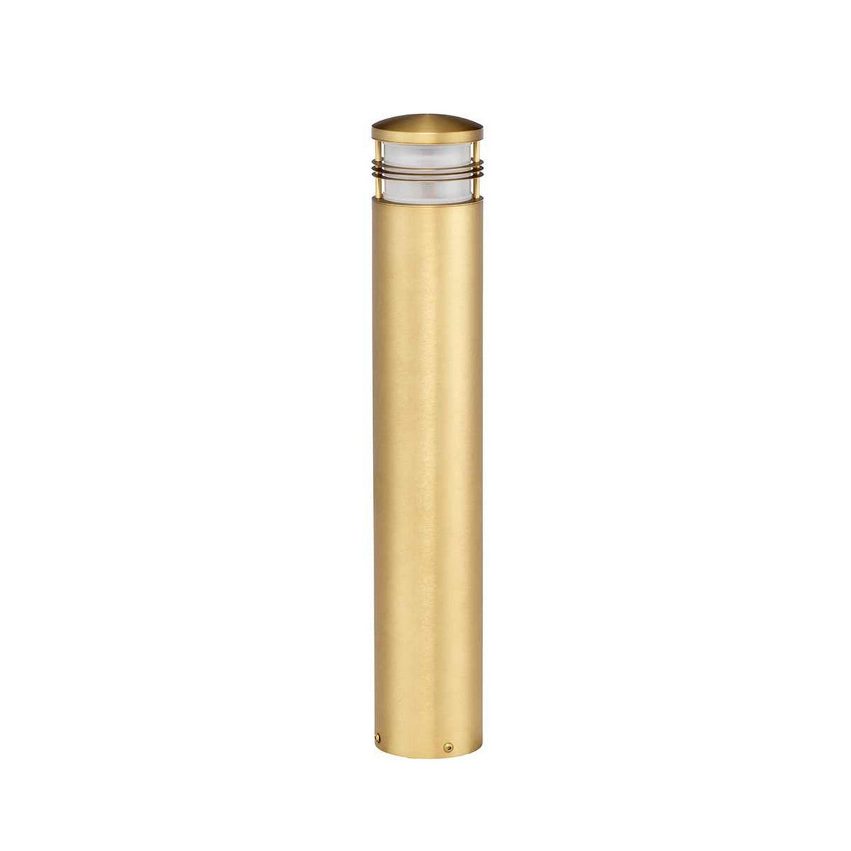 The Newbrighton 1 Light Bollard features a tall, cylindrical design with a brushed brass finish and a small, rounded top. This elegant fixture is perfect for illuminating pathways or gardens.