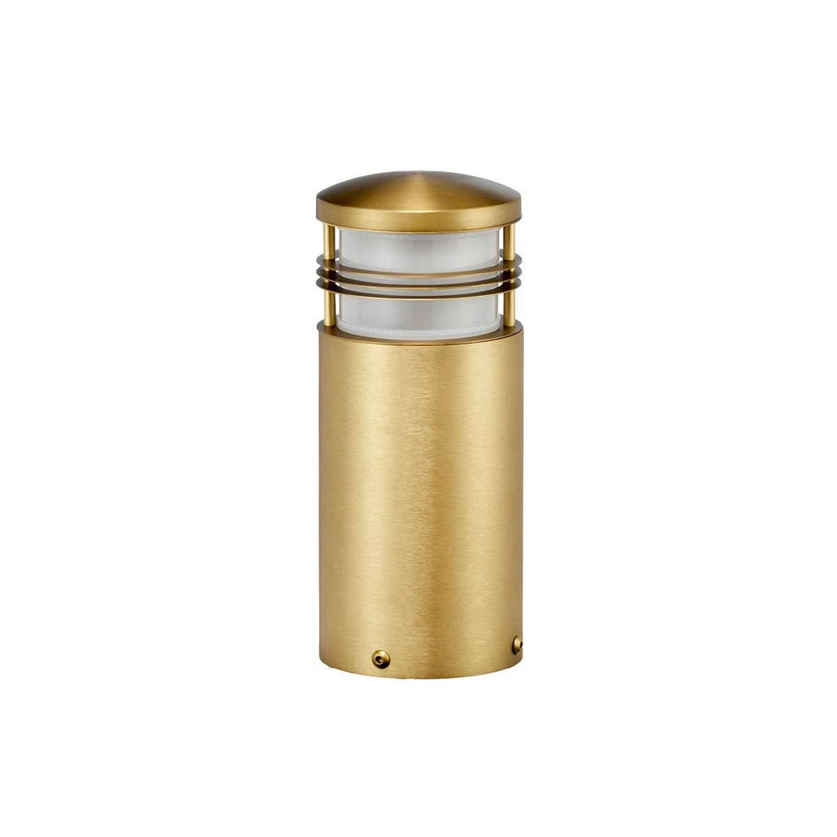 Introducing the Newbrighton 1 Light Mini Bollard in brushed brass, designed with a cylindrical shape featuring frosted glass and a gracefully curved top. Its design is accentuated by horizontal metal bands encircling the glass, offering refined outdoor illumination.