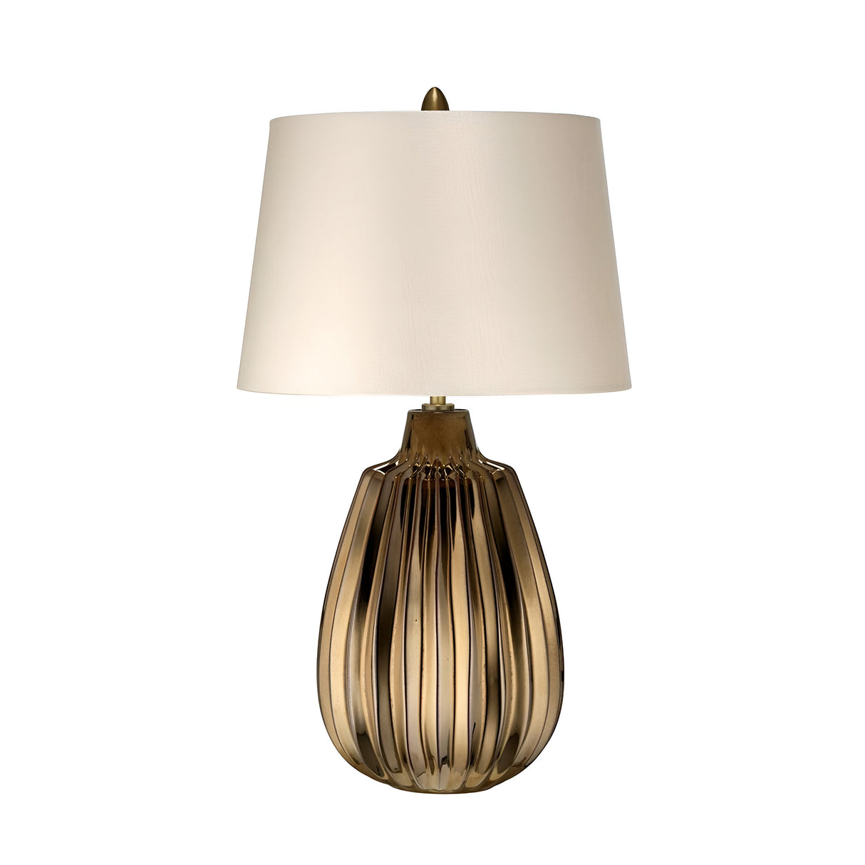 The Newham 1 Light Small Table Lamp in Bronze Ceramic boasts a modern and elegant design, featuring a pearl-textured satin shade atop a ribbed metallic bronze base, topped with a delicate finial. It's perfect for enhancing any home decor.