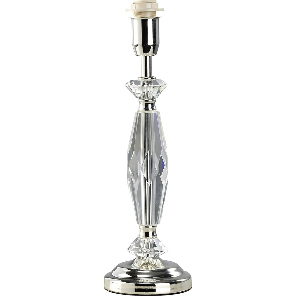 The Nexon 1 Light Crystal Table Lamp features a faceted clear crystal body with polished silver accents. Displayed without a lampshade or bulb, it's perfect as an elegant bedside lamp.