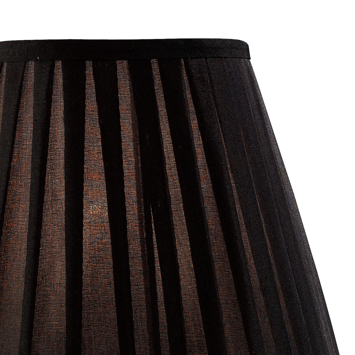 Close-up of the Nexon 1 Light Crystal Table Lamp with a black lampshade featuring sheer vertical stripes and a silver finish, softly glowing against a plain white background.