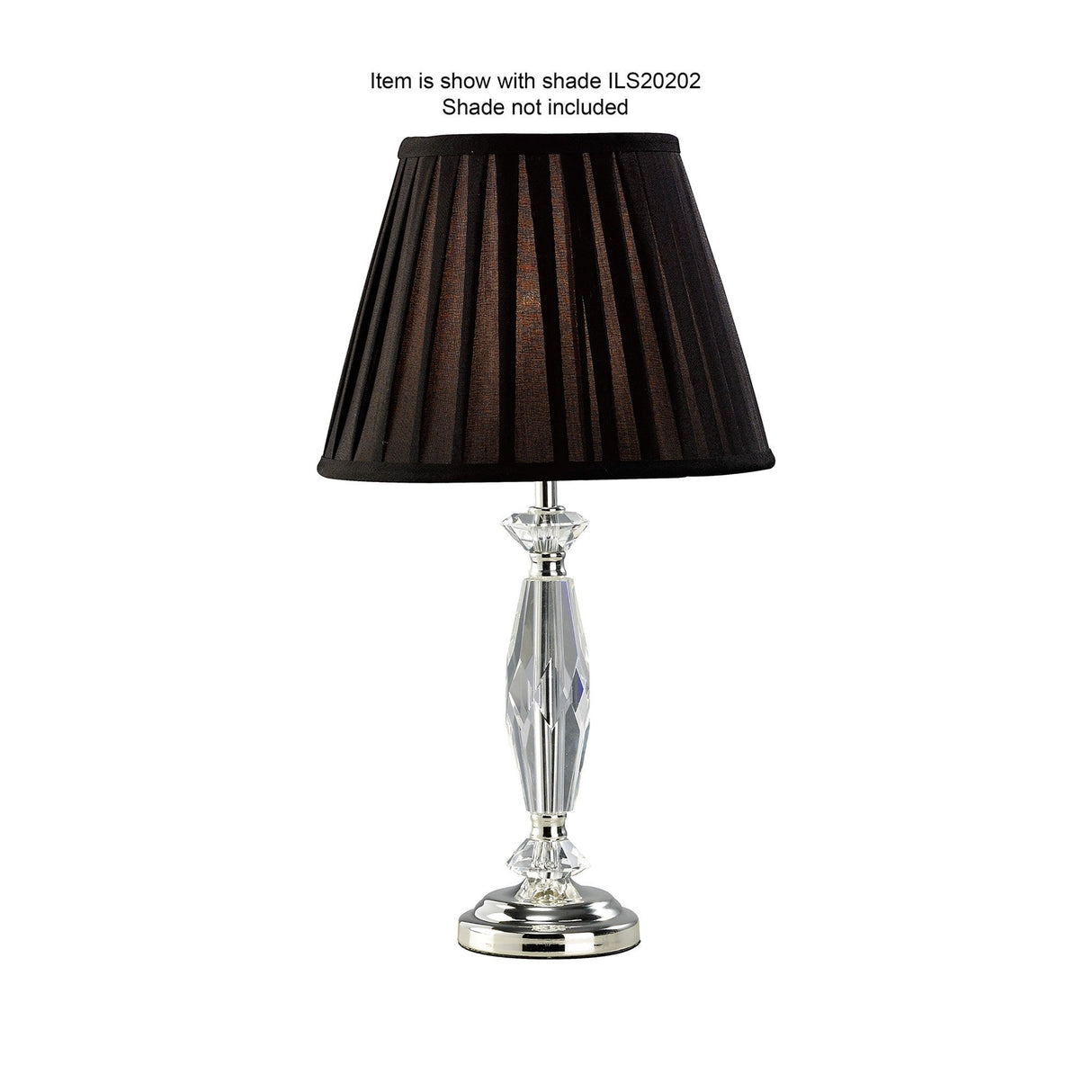 The Nexon 1 Light Crystal Table Lamp features a modern crystal design with a shiny silver finish. Shown with shade ILS20202; shade not included.