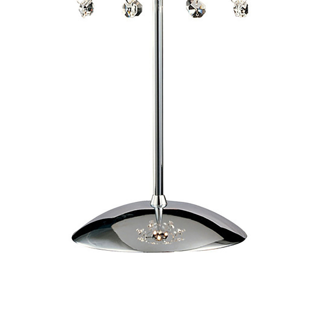 Close-up of the Nico 3 Light Crystal Table Lamp in polished chrome, featuring a round reflective base and hanging optical prism glass crystal accents, set against a plain white background.