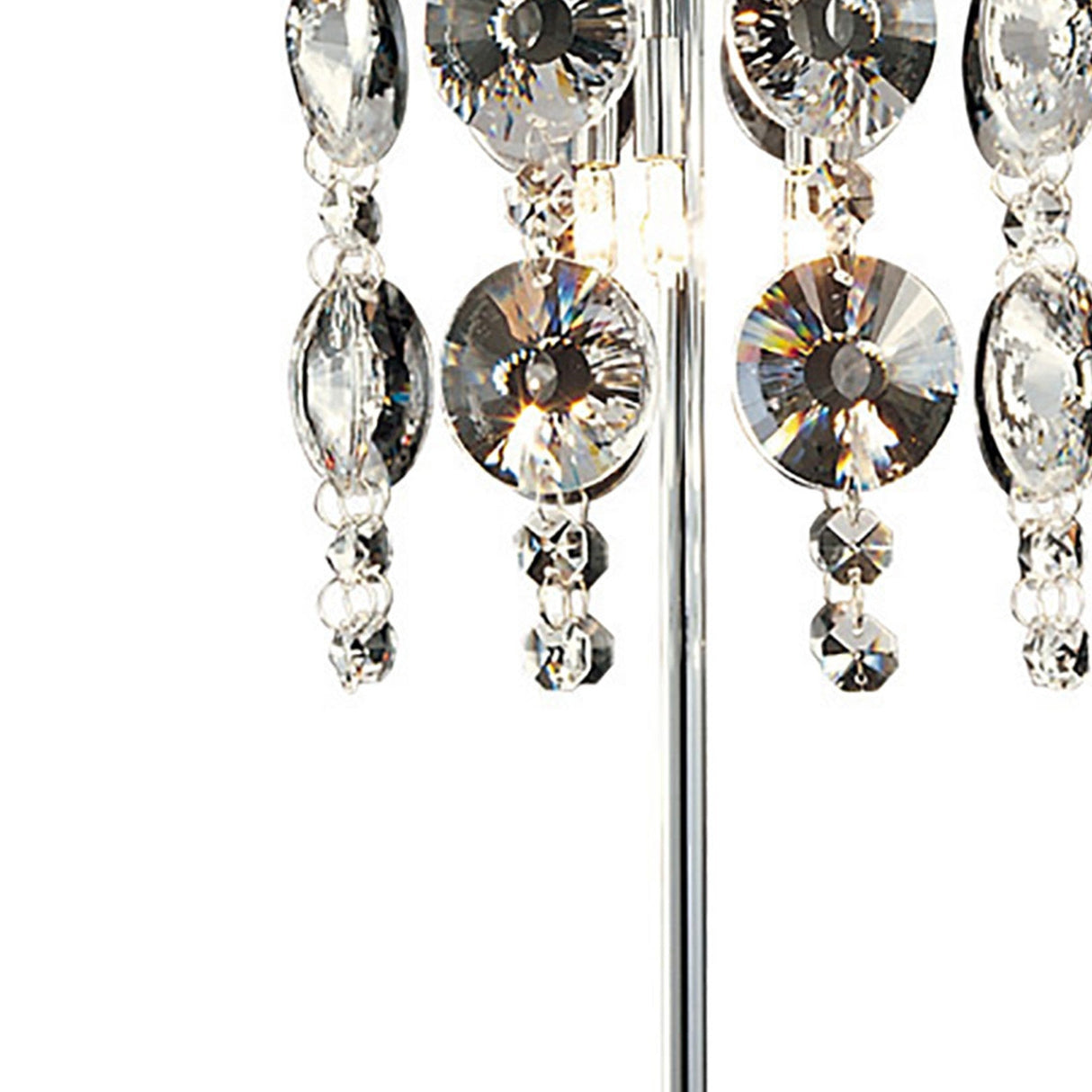 The Nico 3 Light Crystal Table Lamp features strands of circular and teardrop-shaped clear prisms suspended from a polished chrome base, reflecting light to create a sparkling effect.
