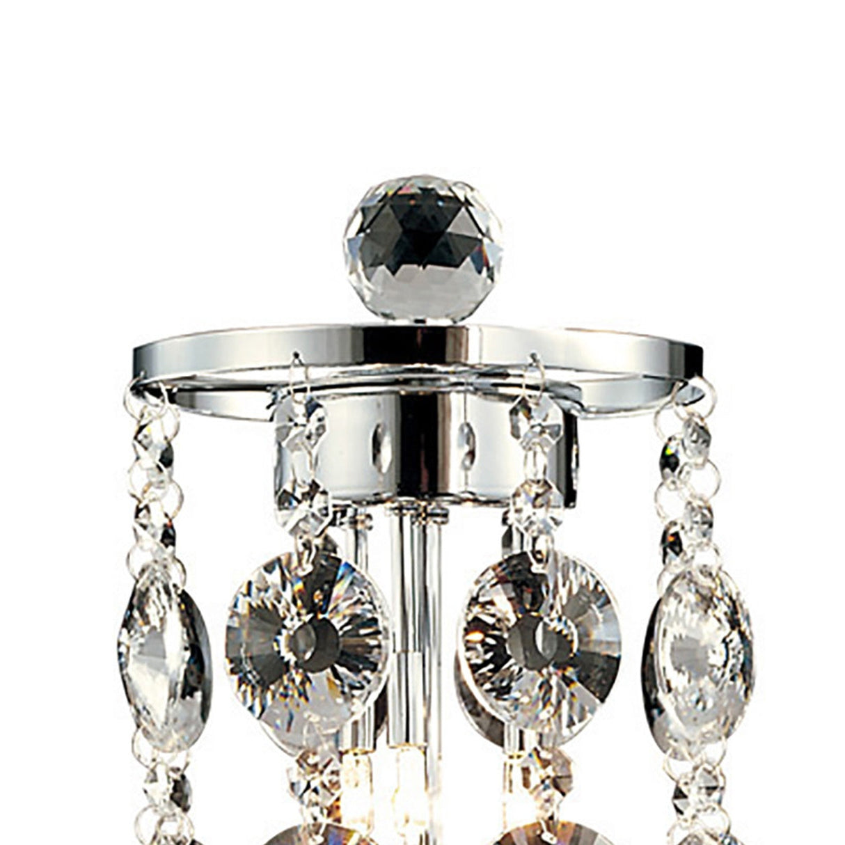 The Nico 3 Light Crystal Table Lamp in polished chrome features hanging crystal beads and faceted optical prism glass accents that reflect light to create a sparkling effect.