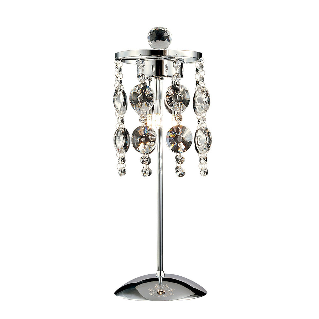 The Nico 3 Light Crystal Table Lamp in polished chrome features hanging crystal-like ornaments that create a sparkling fringe around the bulbs, adding a modern and elegant touch to any table.