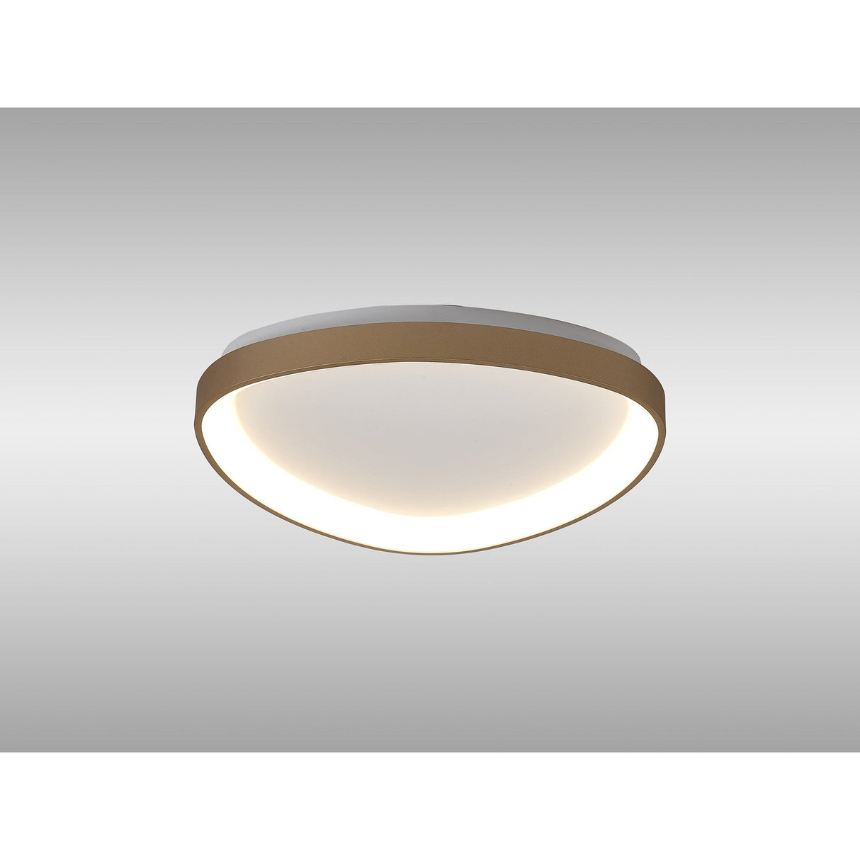 Mantra Niseko triangular flush ceiling light with gold frame and opal diffuser, mounted to a plain ceiling, shown from a low angle.