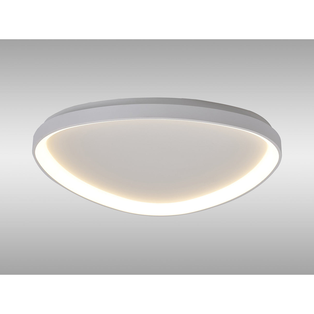 Mantra Niseko triangular LED flush ceiling light with white metal frame and white acrylic diffuser, shown ceiling-mounted against a light grey background.
