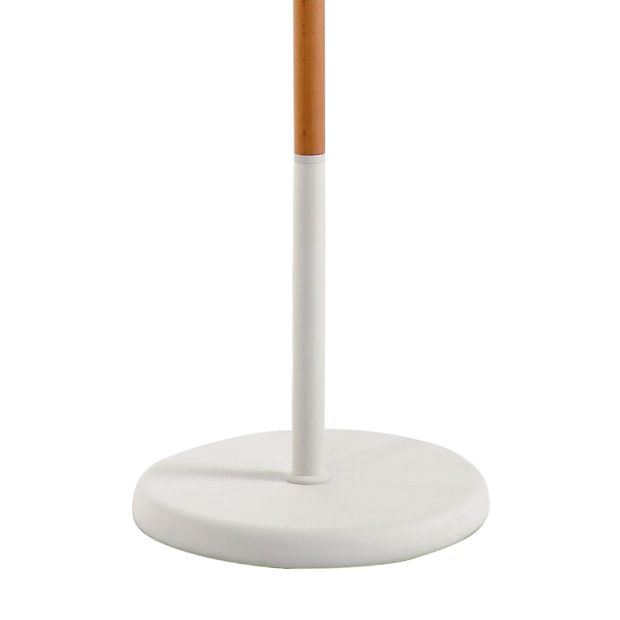 A close-up of the Noa II Touch Dimmer LED Floor Lamp 9W 3000K, featuring a matt white, round base and a vertical pole blending matt white and beech wood finishes for an elegant Scandinavian look.