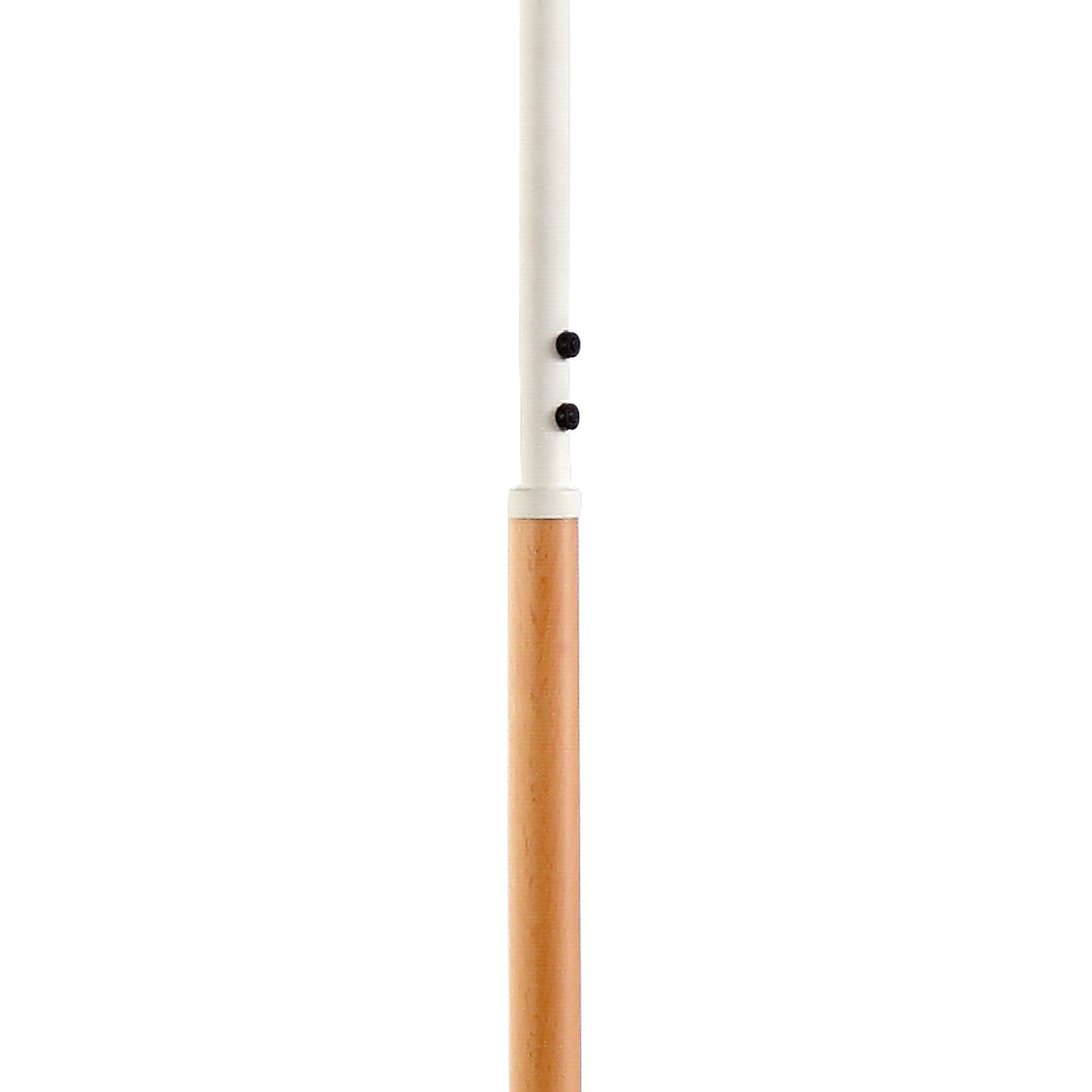 A close-up of the Noa II Touch Dimmer LED Floor Lamp 9W 3000K in Matt White & Beech shows its telescoping pole, wooden lower section, white upper section, and two black adjustment knobs—hallmarks of Scandinavian-inspired modern design.