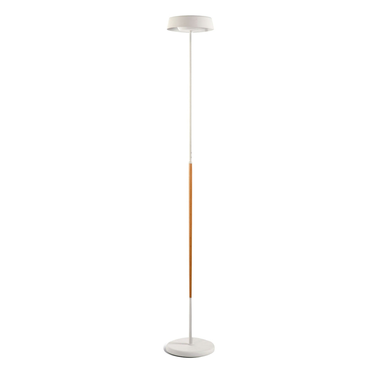 The Noa II Touch Dimmer LED Floor Lamp 9W 3000K in Matt White & Beech features a Scandinavian-inspired slim white pole, wood accent, and flat circular shade—uniting modern design with functional touch dimming.