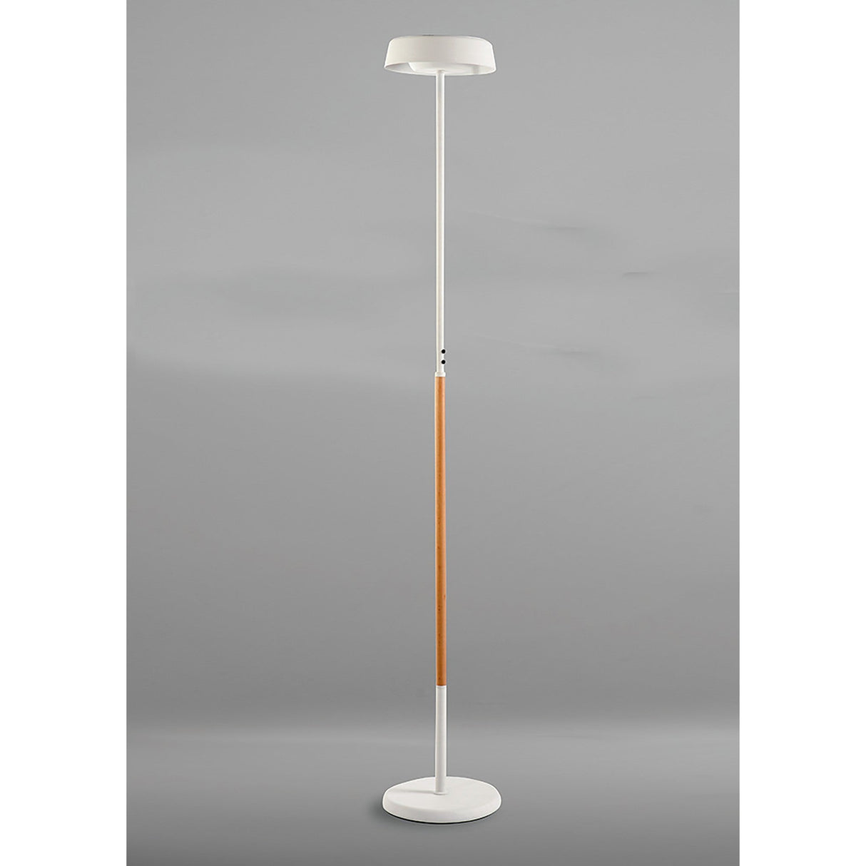 The Noa II Touch Dimmer LED Floor Lamp (9W, 3000K) in matt white and beech features a slim Scandinavian design with a white base, wooden accent, simple lampshade, touch dimmer, and is set against a plain gray background.