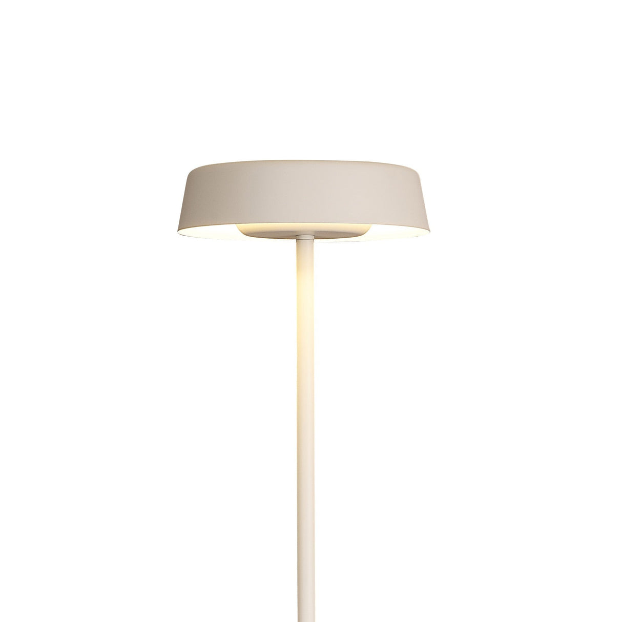 The Noa II Touch Dimmer LED Floor Lamp 15W 3000K in white features a slim, minimalist design with a round flat shade—perfect for contemporary interiors and photographed against a plain white background.