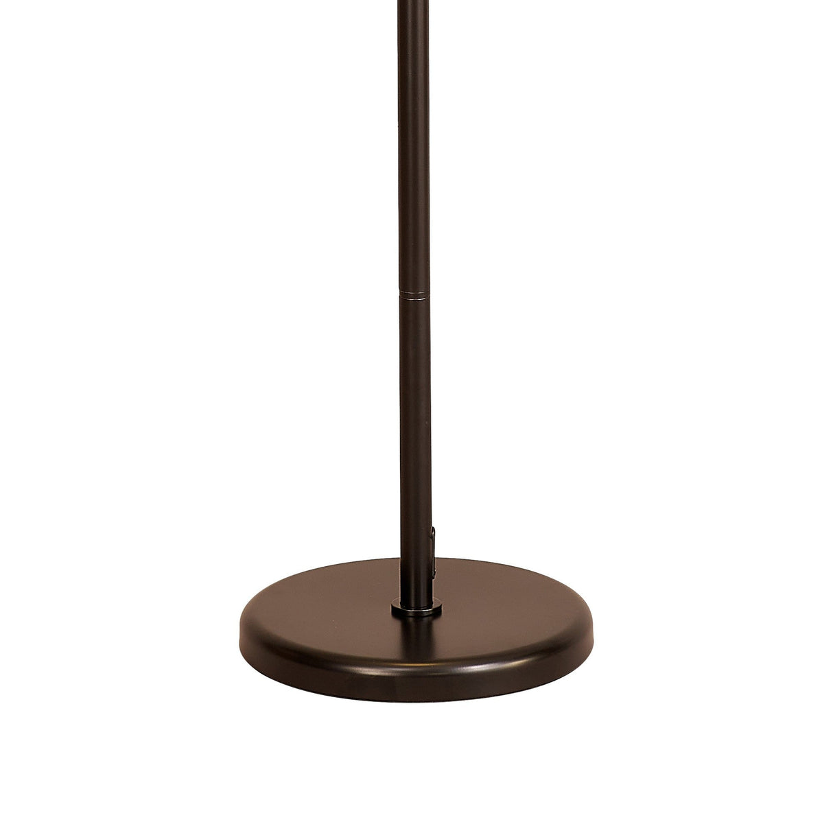 A close-up of the Noa II Touch Dimmer LED Floor Lamp (15W, 3000K) in black shows its round, flat base and sleek pole design against a white background, highlighting its modern minimalist style.