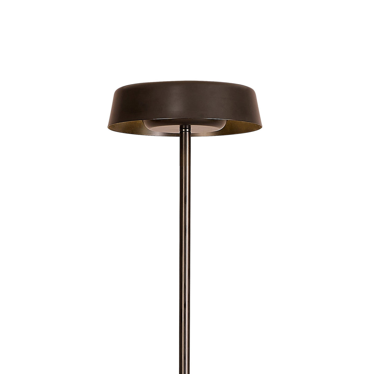 The Noa II Touch Dimmer LED Floor Lamp 15W 3000K - Black features a cylindrical black metal base and a wide, round, dark brown shade with touch dimming, shown against a white background.