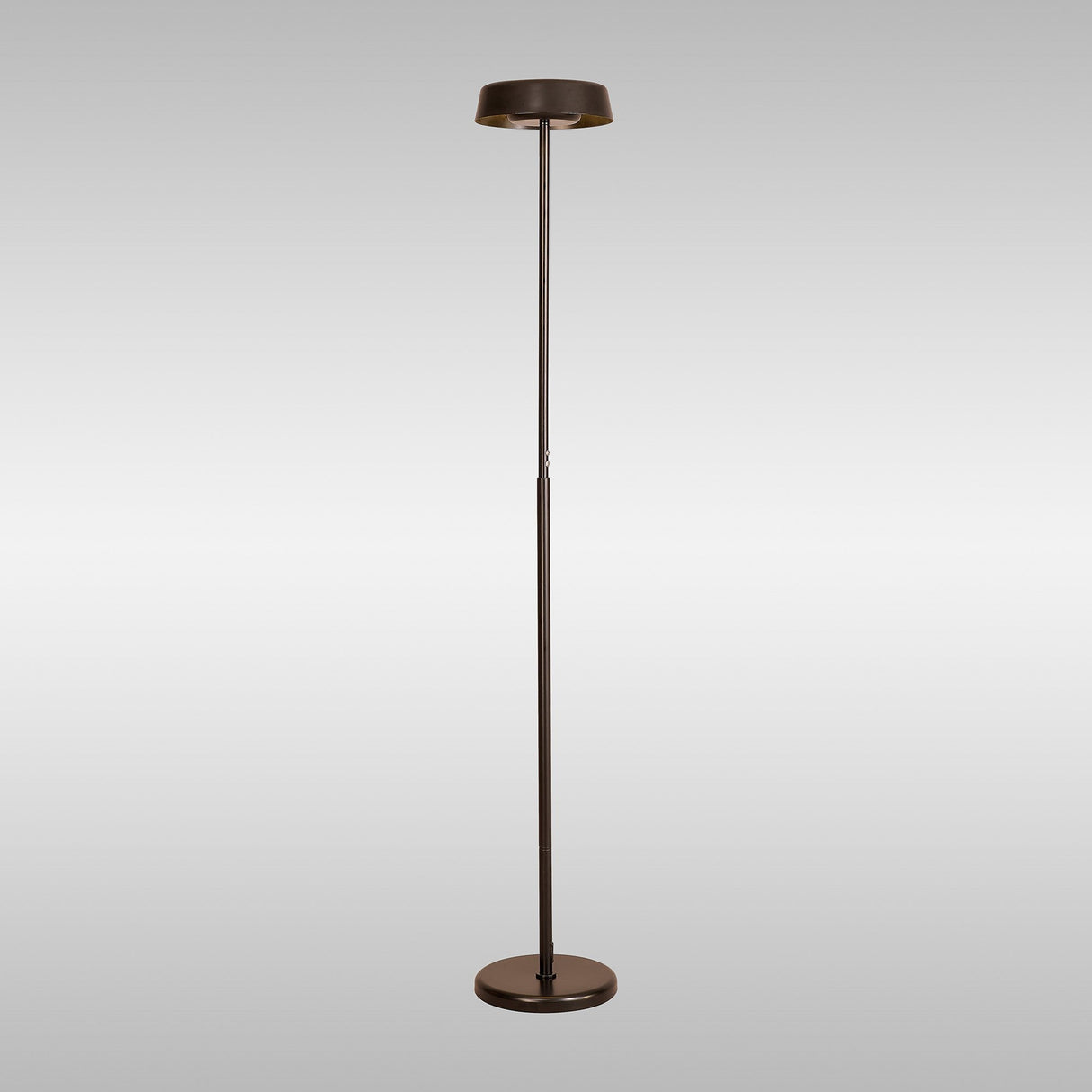 The Noa II Touch Dimmer LED Floor Lamp 15W 3000K in Black features a sleek, minimalist design with a round base and flat shade—ideal for contemporary spaces seeking modern lighting.