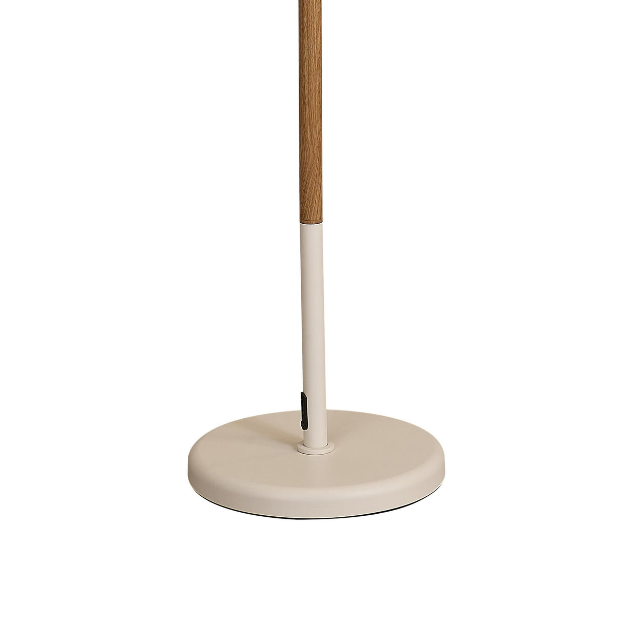 A close-up of the Noa II Touch Dimmer LED Floor Lamp 15W 3000K in White & Beech, showing its circular off-white base and wooden accent above the base against a plain white background.