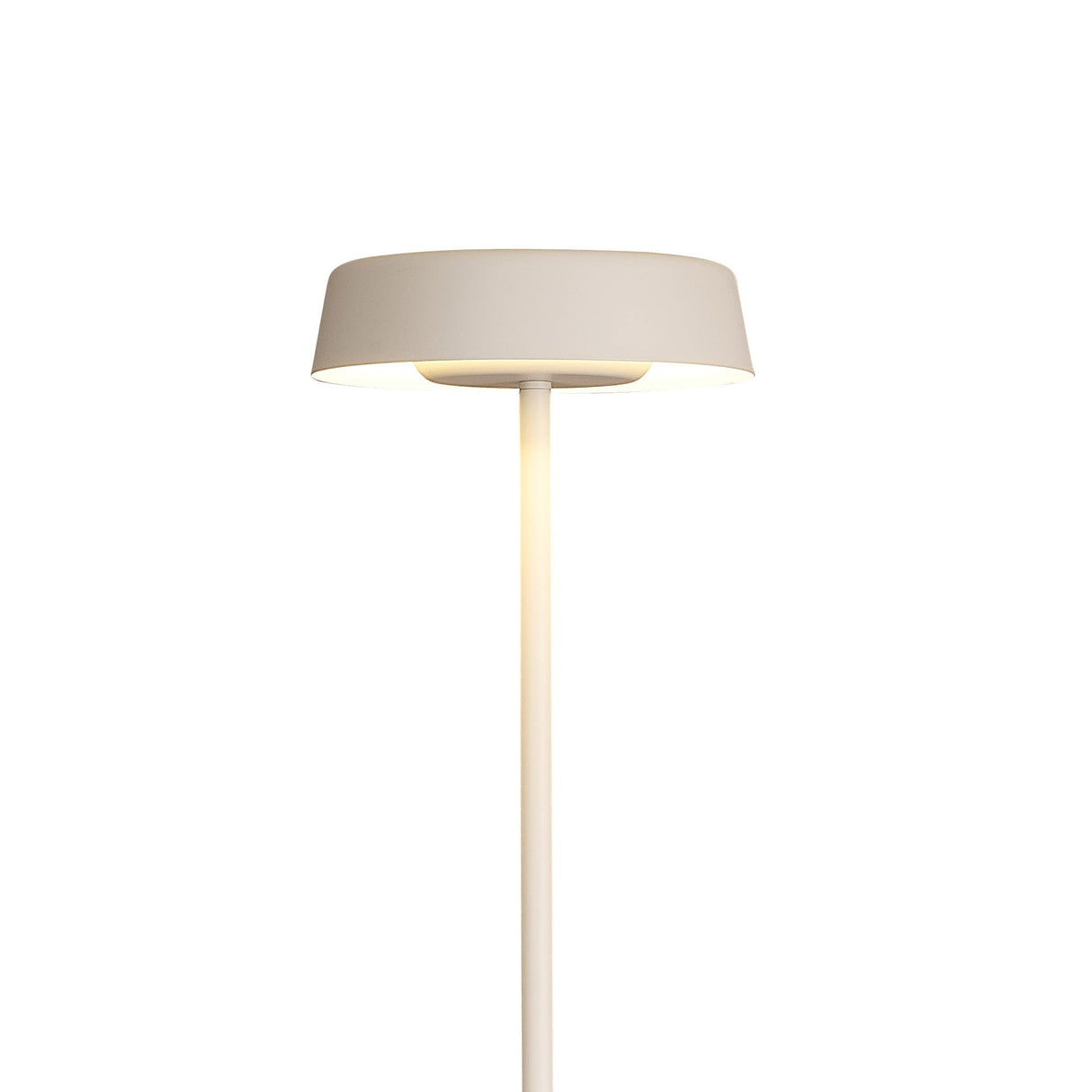 The Noa II Touch Dimmer LED Floor Lamp 15W 3000K in White & Beech features a modern Scandinavian design with a round, flat beige shade and slim pole, shown illuminated against a plain white background.