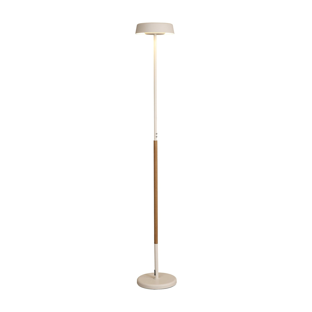 The Noa II Touch Dimmer LED Floor Lamp 15W 3000K in White & Beech features a slim white pole, round flat shade, and wooden mid-accent on a round base, showcasing Scandinavian style against a white background.