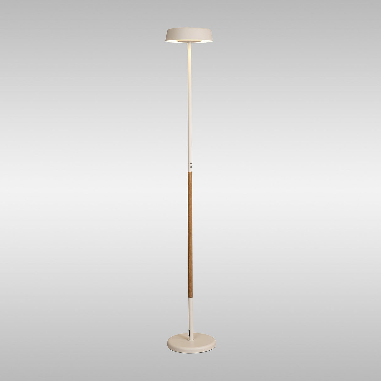 The Noa II Touch Dimmer LED Floor Lamp (15W, 3000K) in white with a beech accent combines Scandinavian minimalism—a slim stand, round shade, and circular base—perfect for modern elegance against a light gray background.