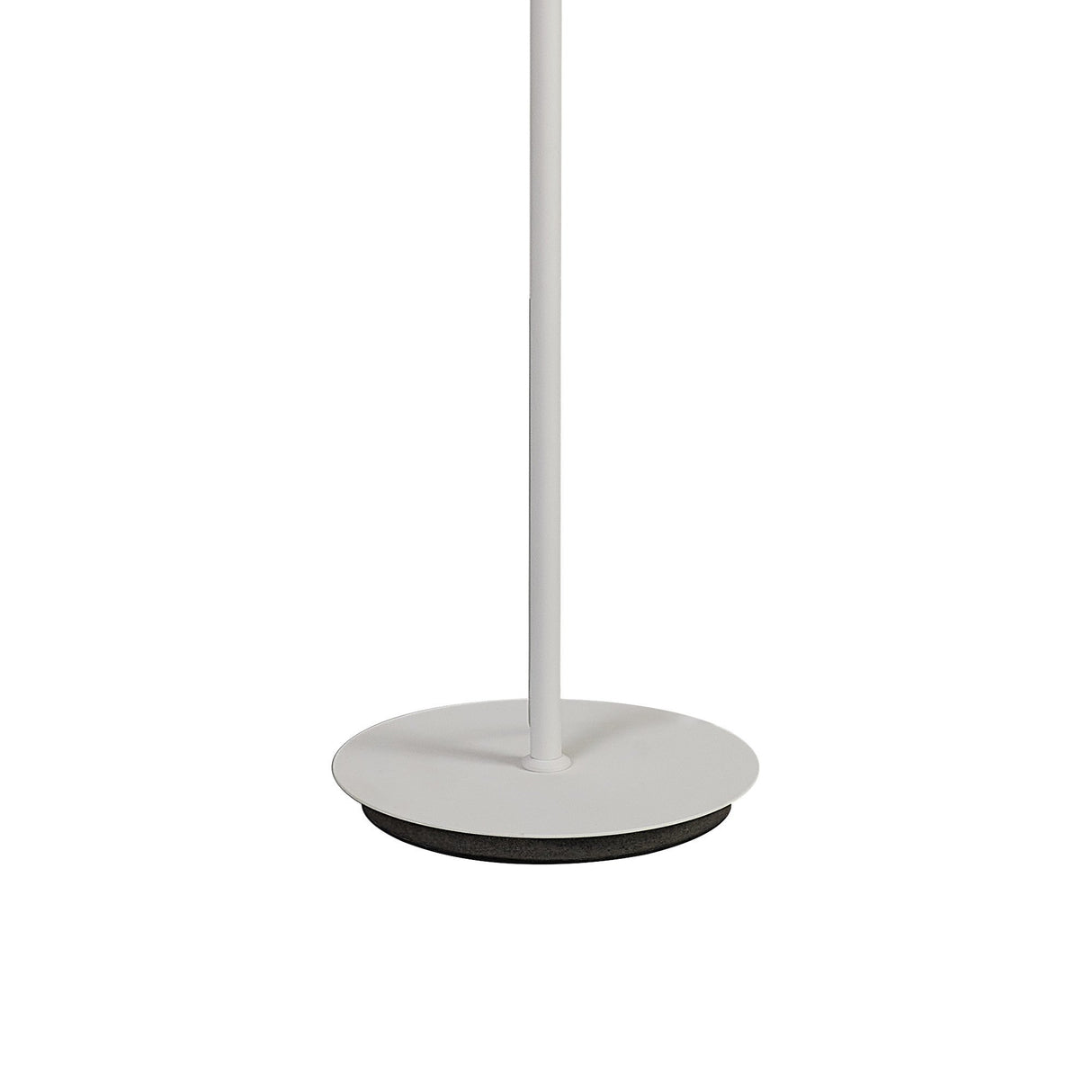 A close-up of the base of the Nora 1 Light Clear Glass Floor Lamp - White, showcasing its round, flat bottom and sleek pole—an elegant piece inspired by Scandinavian lighting style.