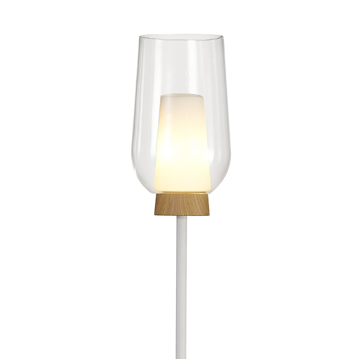 The Nora 1 Light Clear Glass Floor Lamp – White features Scandinavian design with a white base, wooden accent near the top, and a clear glass shade surrounding a frosted inner light.