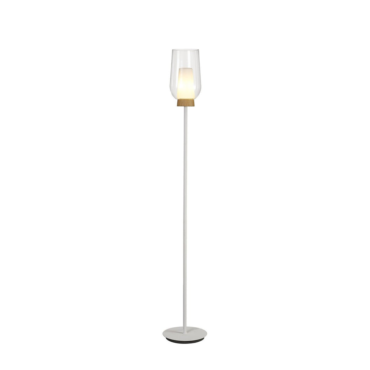 The Nora 1 Light Clear Glass Floor Lamp features a slim white stand, round base, and clear glass shade with a wooden accent. The glowing bulb adds Scandinavian style to any space. Shown on a plain white background.